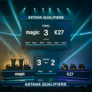Esports arena at the Astana qualifiers: magic celebrates a 3–2 comeback over K27 as
